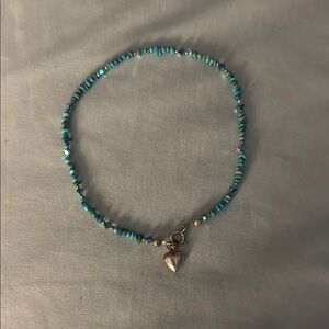 Turquoise and Crystal Silver Beaded Bracelet or Anklet with Heart Charm